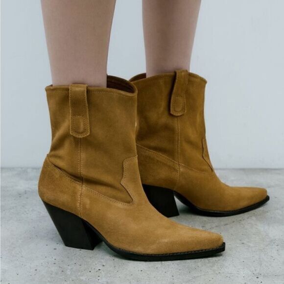 Zara Suede Cowboy Ankle Boots Tan - Picture 1 of 8